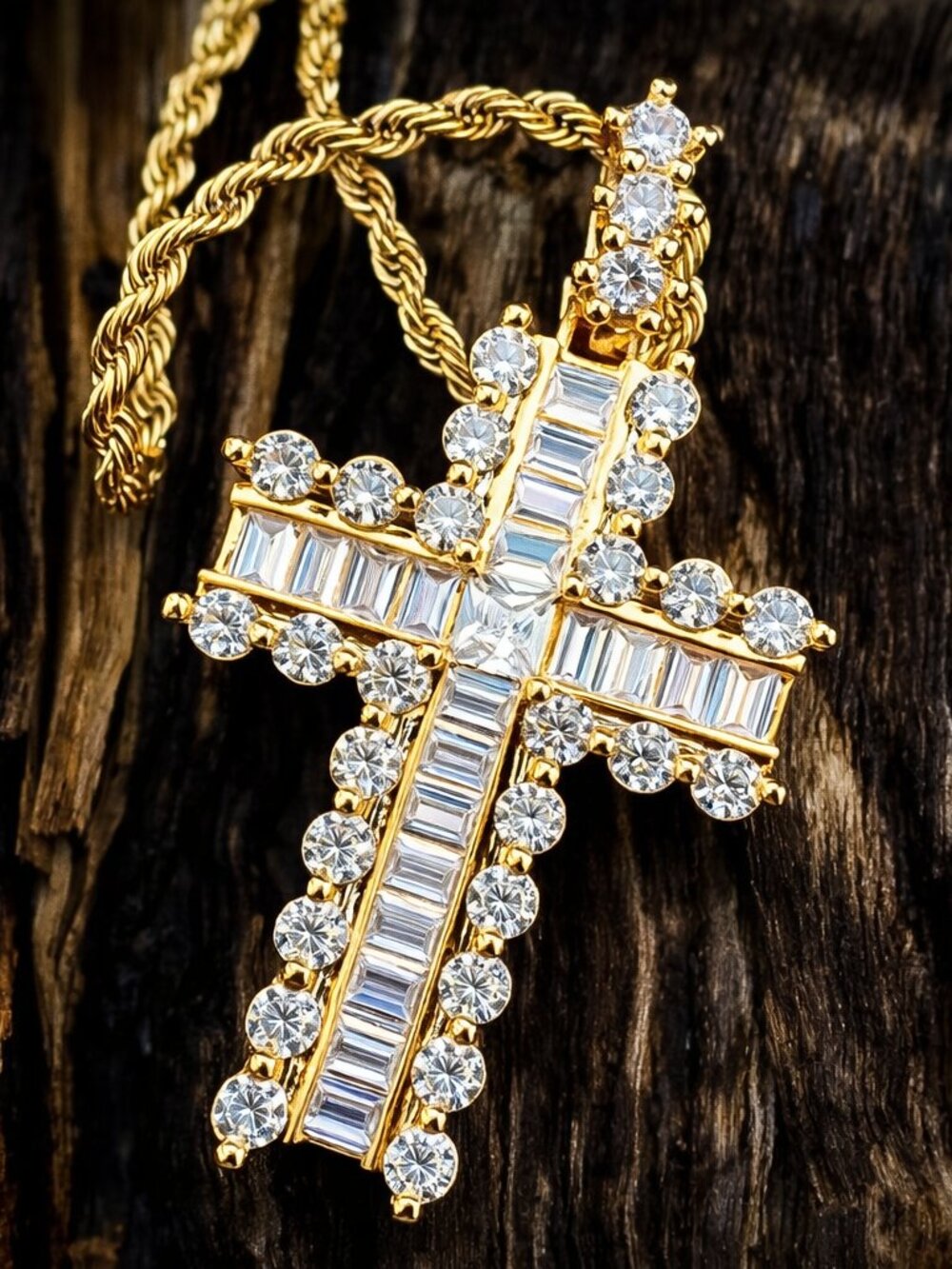 Baguette and Round Stone Cross Necklace
